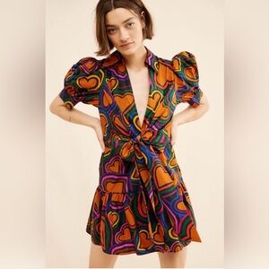 FARM Rio Short Sleeve Bow Front Mini Dress Hearts Small